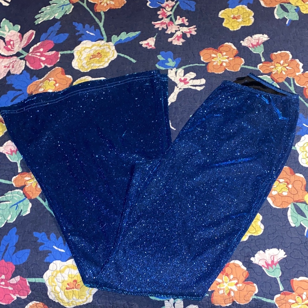 Sparkly Blue metallic, super flares, womans pants, tall girl friendly!